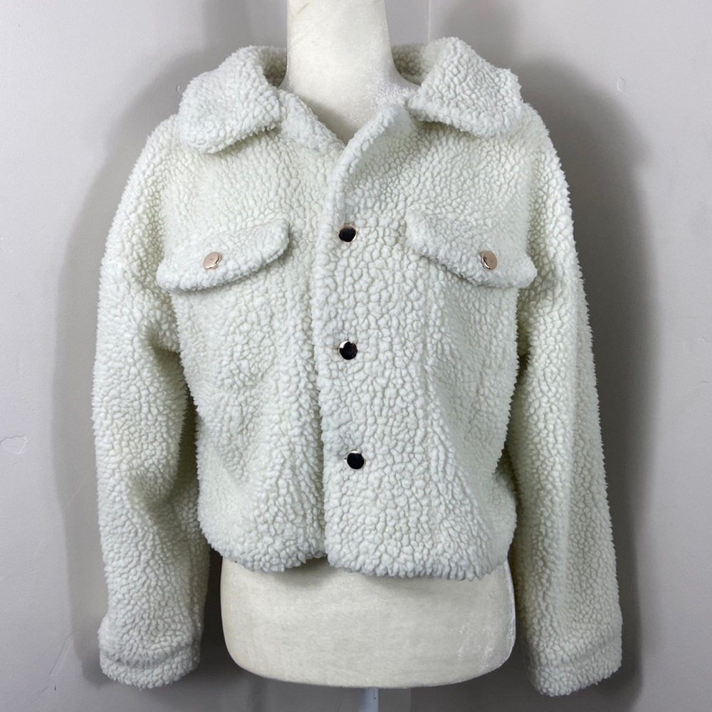 Shein Cream Double Flap Drop Shoulder Cropped Button Up Teddy Jacket XS - Picture 4 of 9